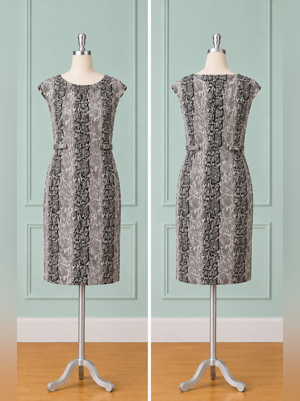 CALVIN KLEIN—6, Python Print Knit Dress, Capped Sleeves, Hidden Back Zipper